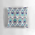 Teal blue and coral peacock feather patterned decorative pillow with metal texture