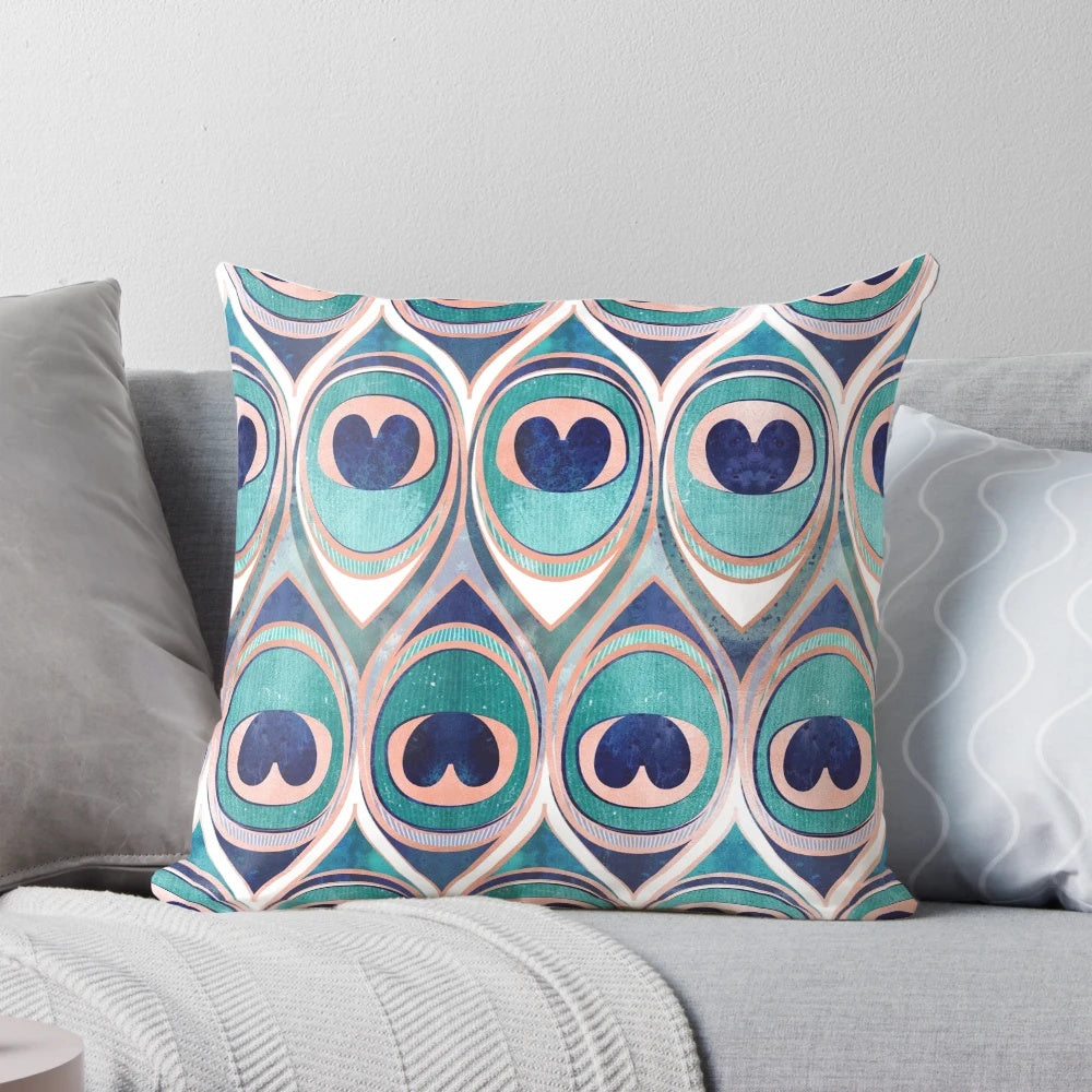 Teal blue and coral peacock feather patterned decorative pillow with metal texture