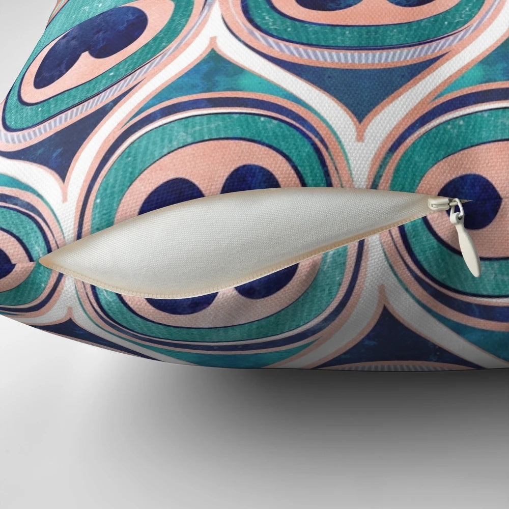 Teal blue and coral peacock feather patterned decorative pillow with metal texture