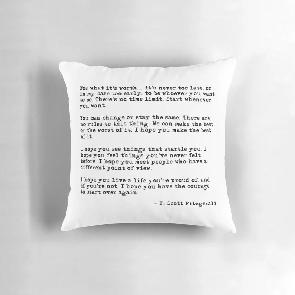 Decorative pillow featuring an inspirational quote by F. Scott Fitzgerald