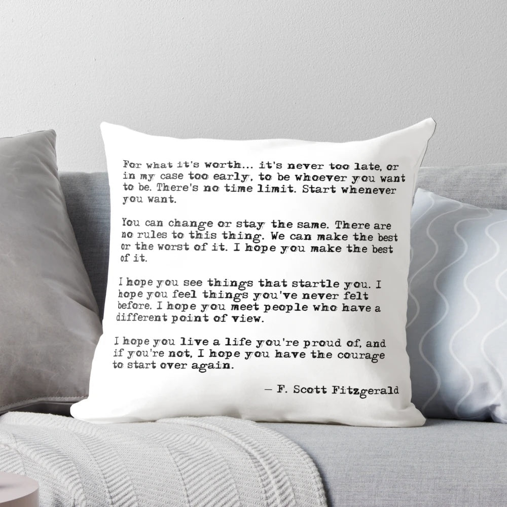 Decorative pillow featuring an inspirational quote by F. Scott Fitzgerald