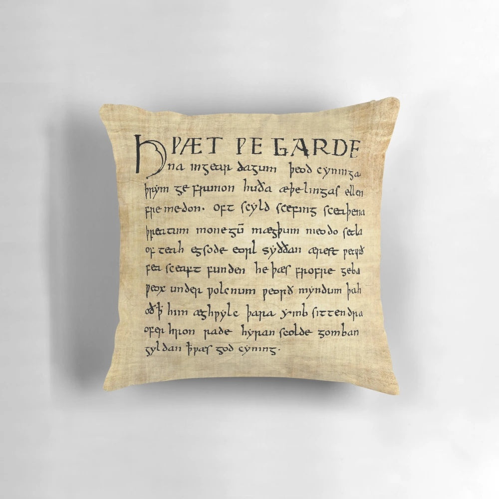Decorative pillow with text from the first 11 lines of the Old English poem Beowulf