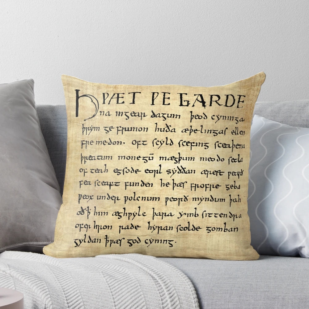 Decorative pillow with text from the first 11 lines of the Old English poem Beowulf