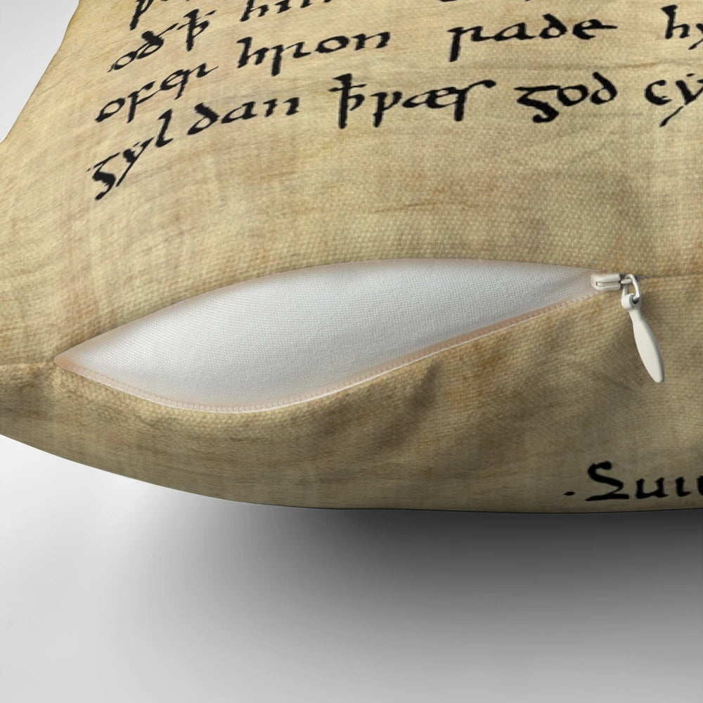 Decorative pillow with text from the first 11 lines of the Old English poem Beowulf