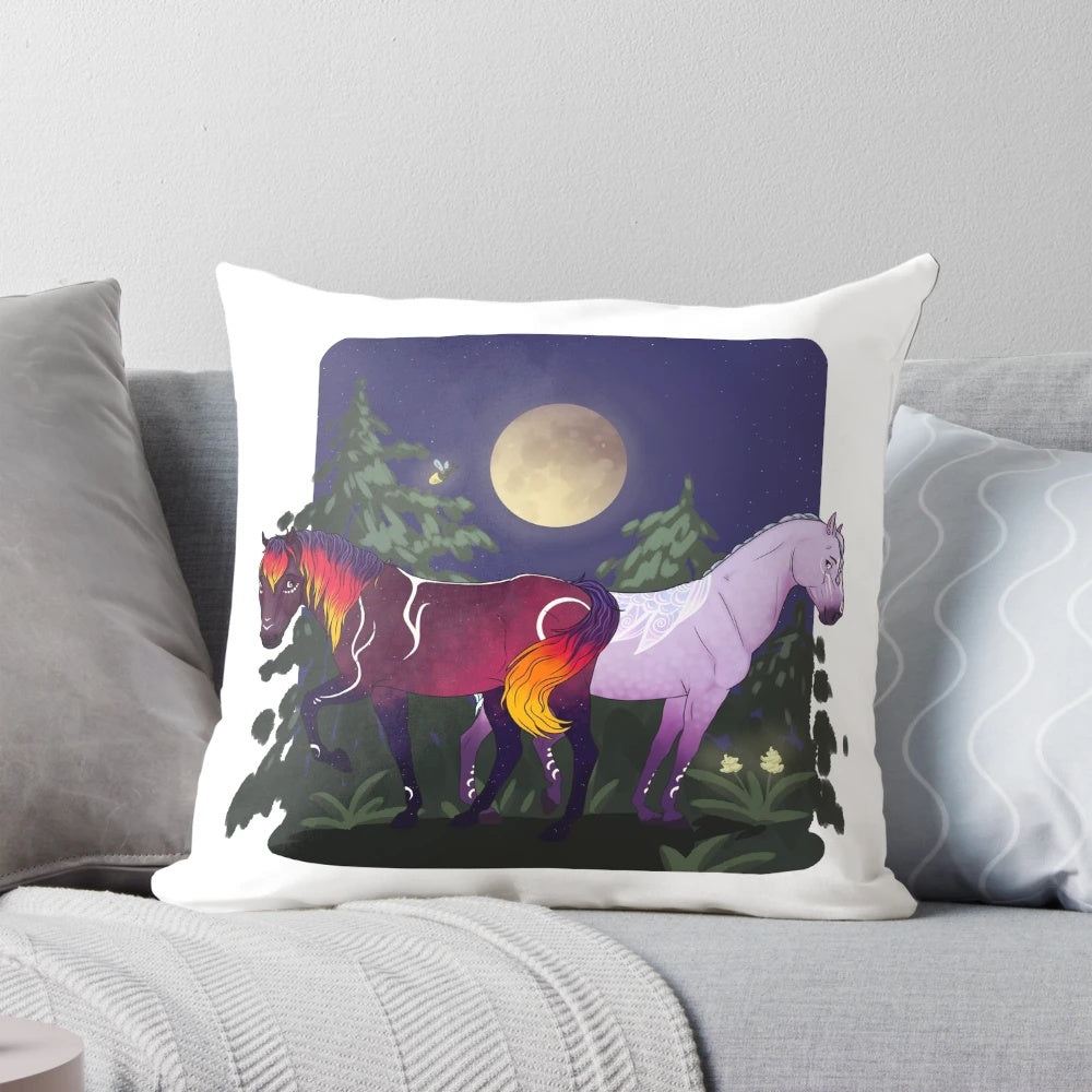 A decorative pillow with the characters Umbra and Ayla from the popular online game Star Stable Online.