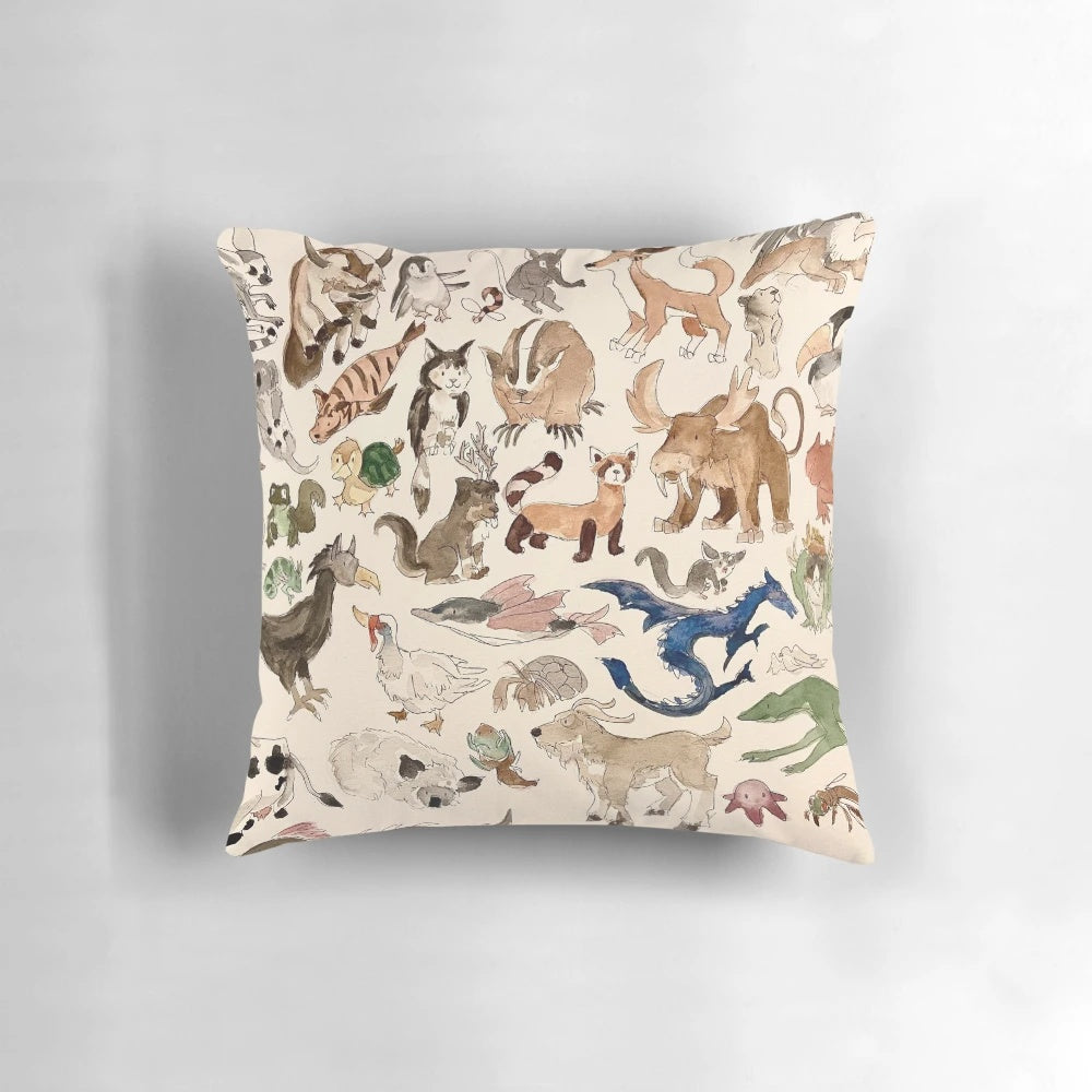 Decorative pillow featuring watercolor illustrations of Appa, Momo, and turtle ducks from the Avatar: The Last Airbender TV series.