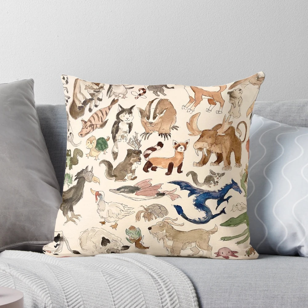 Decorative pillow featuring watercolor illustrations of Appa, Momo, and turtle ducks from the Avatar: The Last Airbender TV series.