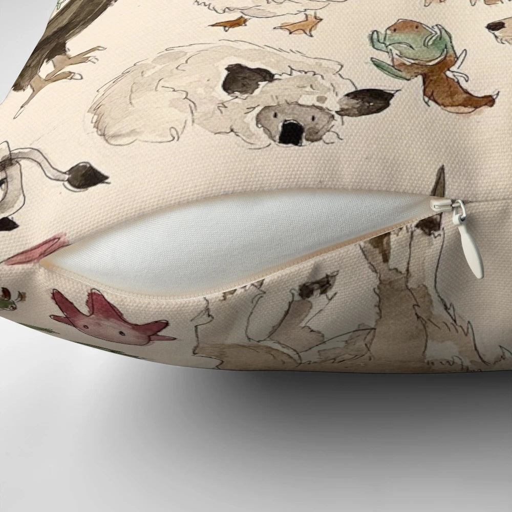 Decorative pillow featuring watercolor illustrations of Appa, Momo, and turtle ducks from the Avatar: The Last Airbender TV series.