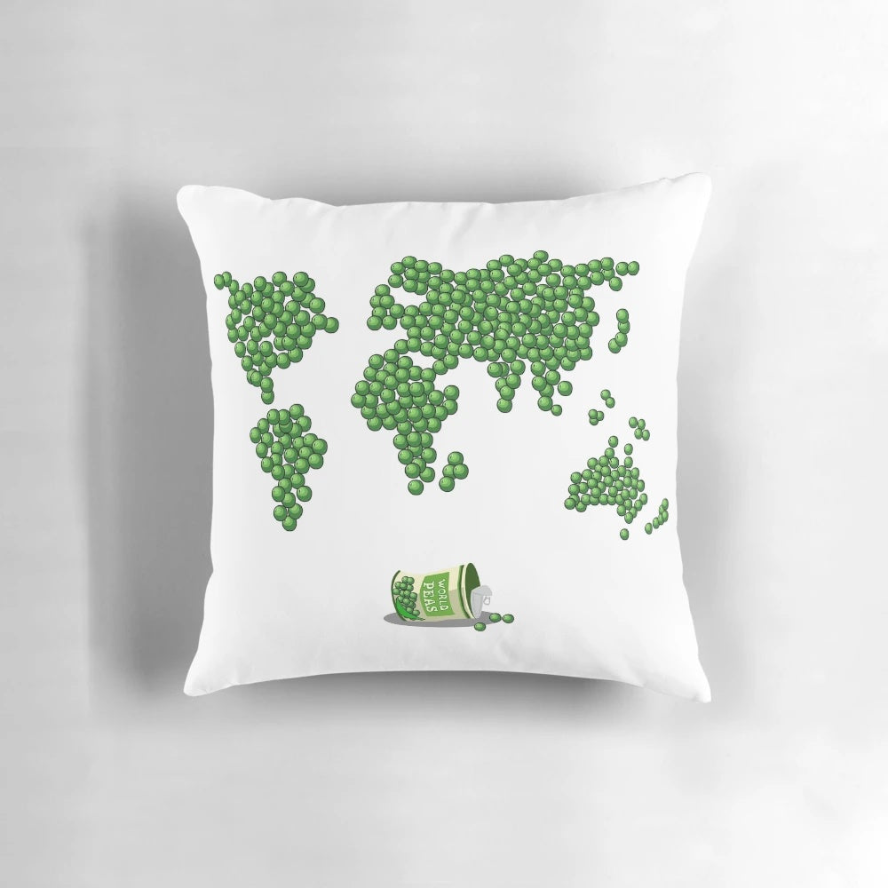 Decorative pillow with 'World Peas' pun design, featuring green peas and the text 'World Peace