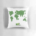 Decorative pillow with 'World Peas' pun design, featuring green peas and the text 'World Peace