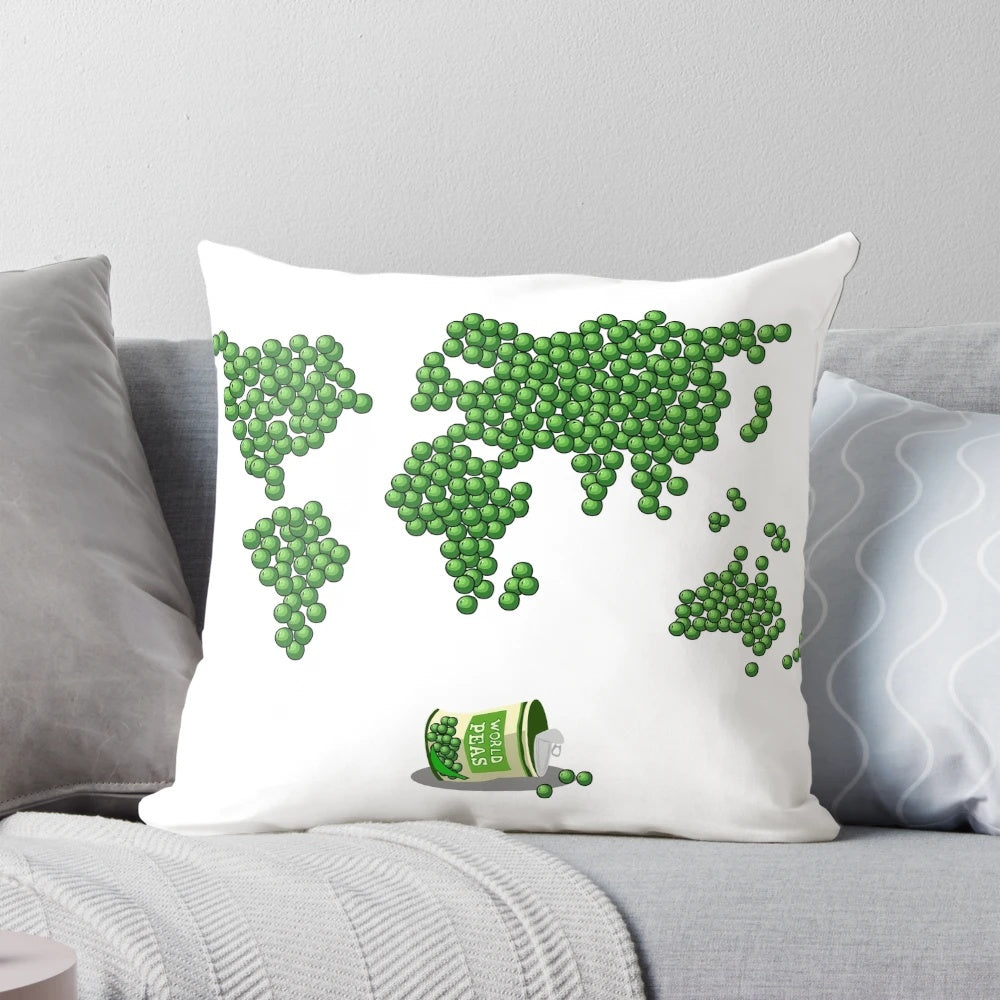 Decorative pillow with 'World Peas' pun design, featuring green peas and the text 'World Peace