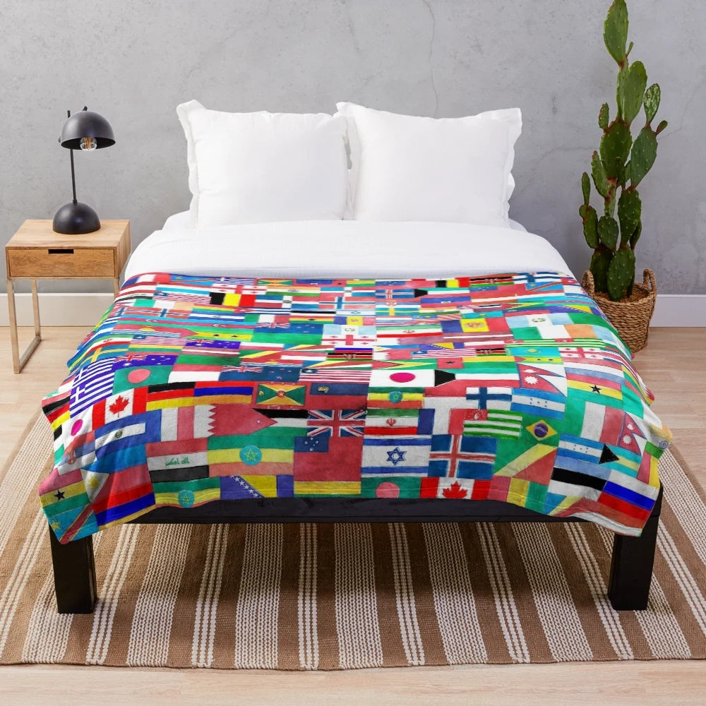 Multicolor plush blanket featuring flags of the world