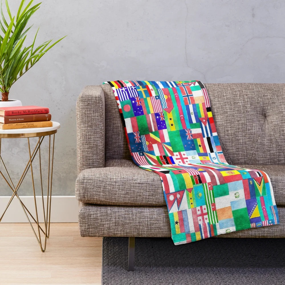 Multicolor plush blanket featuring flags of the world
