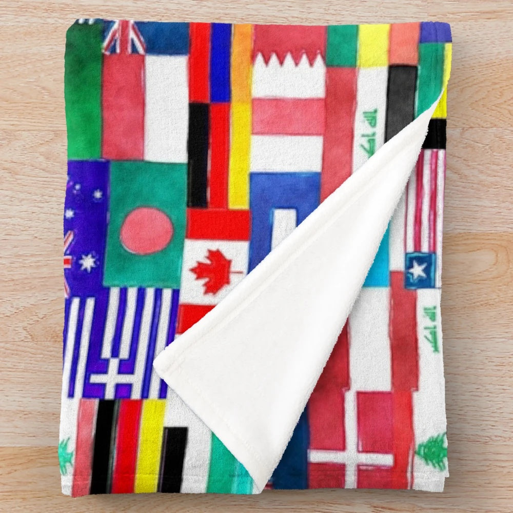 Multicolor plush blanket featuring flags of the world