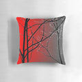 A vibrant red and gray decorative pillow with a nature-inspired design.