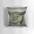 Decorative red-eyed owl pillow with a traditional, fantasy design for unique home decor.