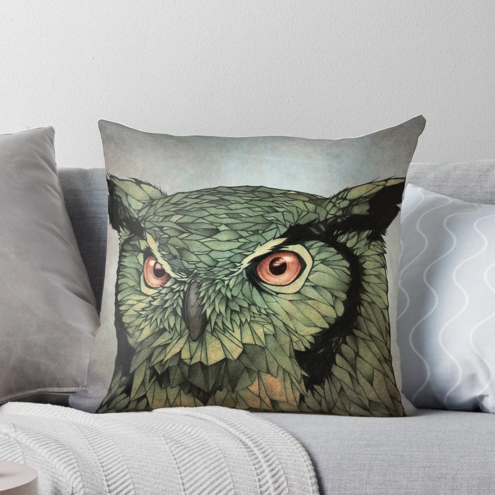 Decorative red-eyed owl pillow with a traditional, fantasy design for unique home decor.