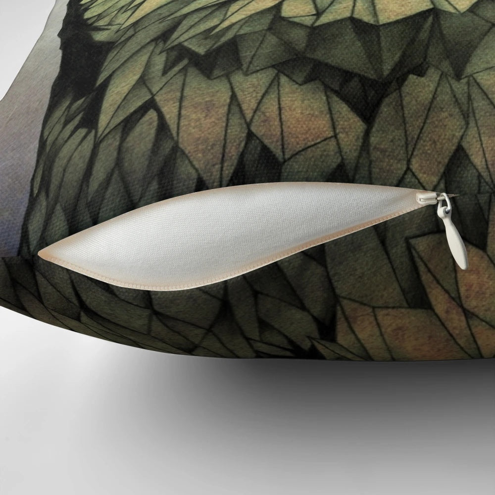 Decorative red-eyed owl pillow with a traditional, fantasy design for unique home decor.
