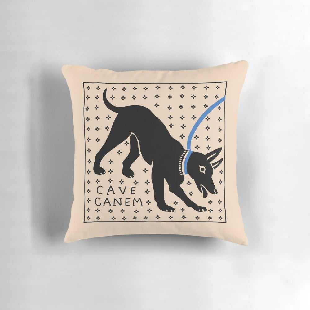 Decorative throw pillow featuring ancient Roman dog Latin mosaic design