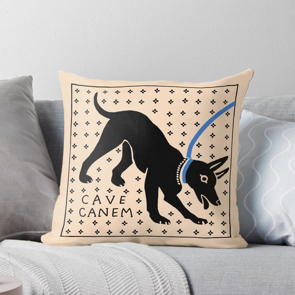 Decorative throw pillow featuring ancient Roman dog Latin mosaic design