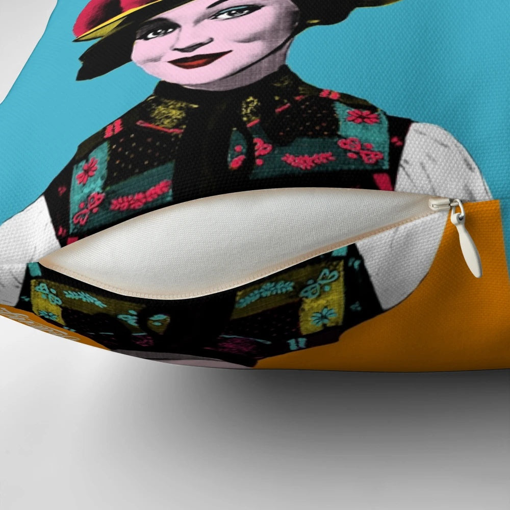 A decorative pillow featuring a pop art design of a Schwarzwaldmädel wearing a traditional Bollenhut from the Black Forest region.