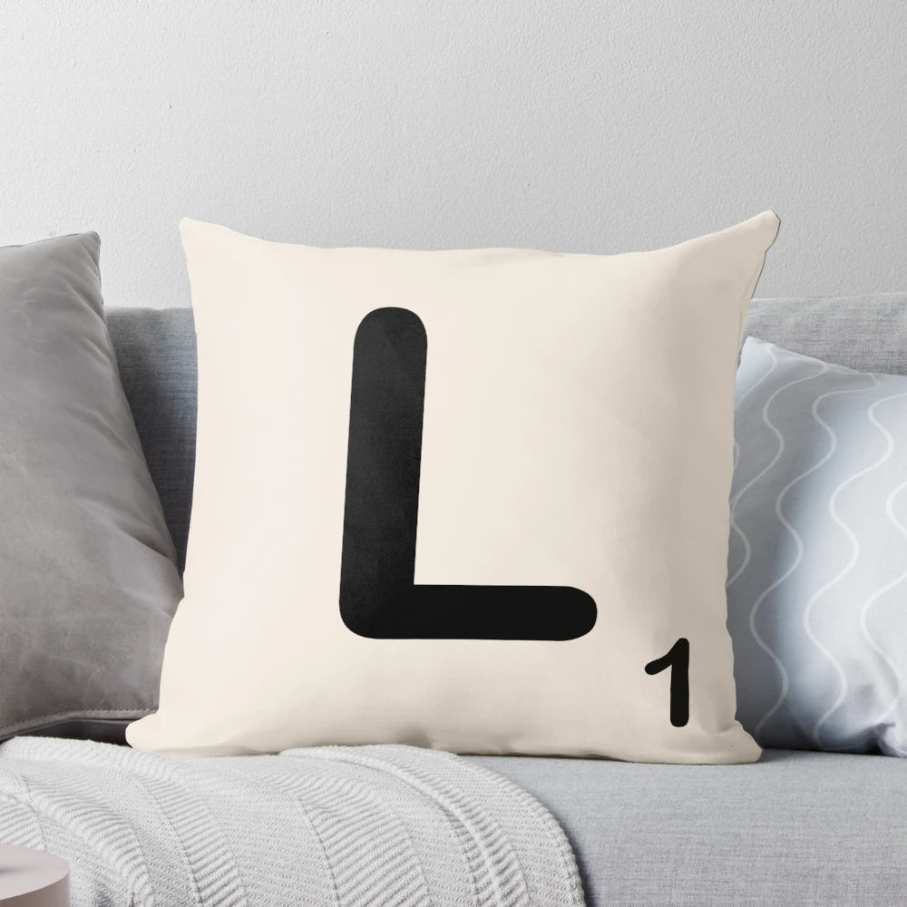 Scrabble Tile L Pillow featuring a large letter L design in a vintage Scrabble font