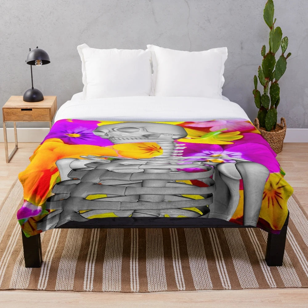 Skeleton with Flowers Plush Blanket