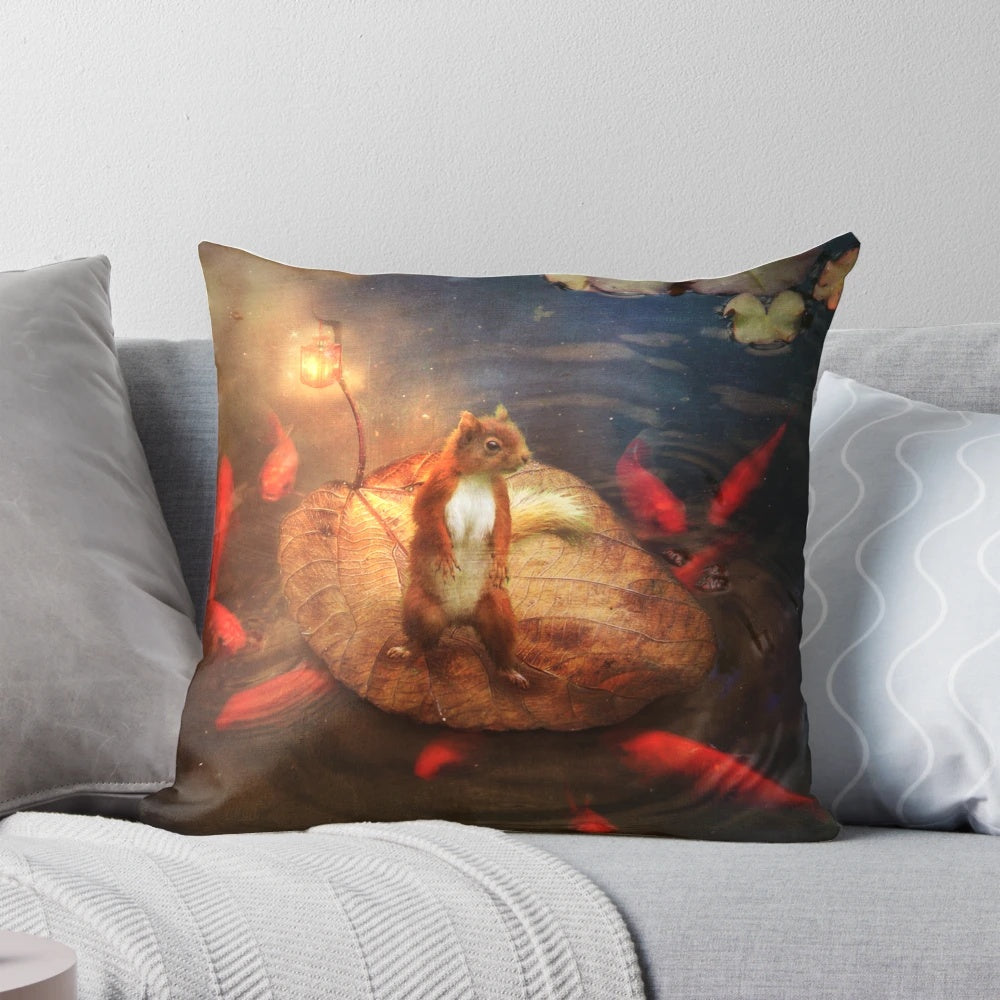 A plush, squirrel-shaped decorative pillow with nature-themed elements like water, boats, and plants.