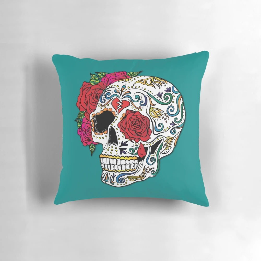 Heartbreak Sugar Skull Decorative Throw Pillow with Floral Design