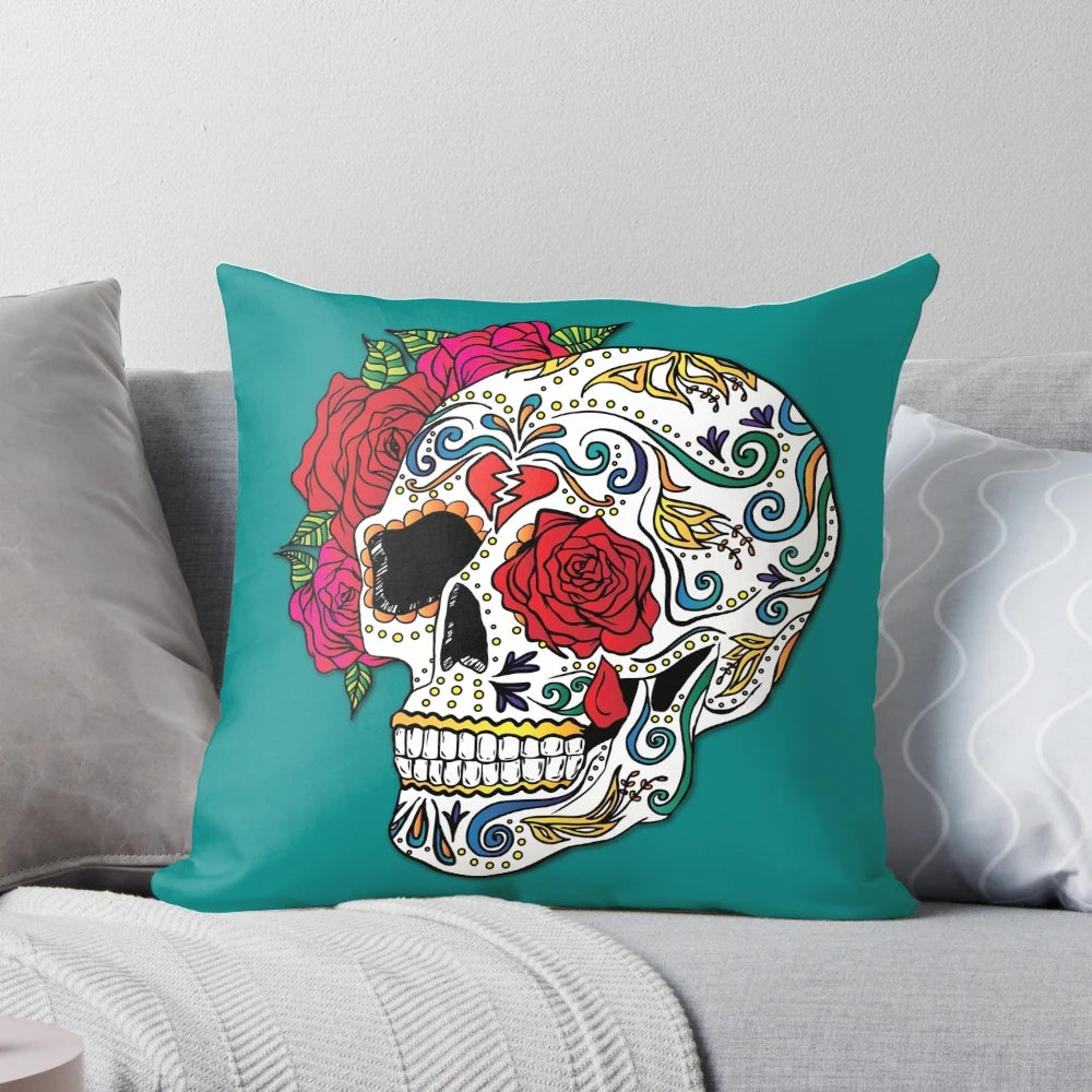 Heartbreak Sugar Skull Decorative Throw Pillow with Floral Design