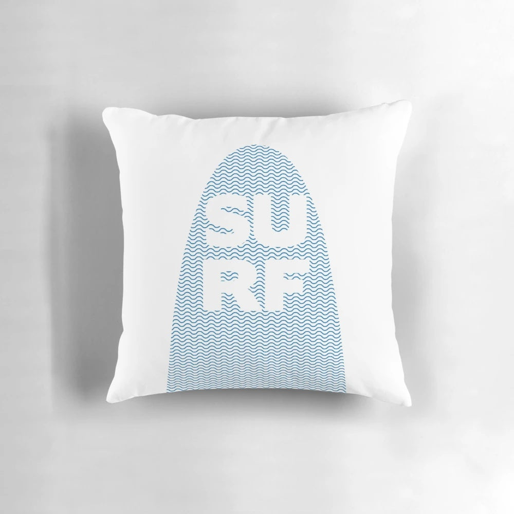 Colorful surf-themed pillow with typographic design, perfect for a child's room