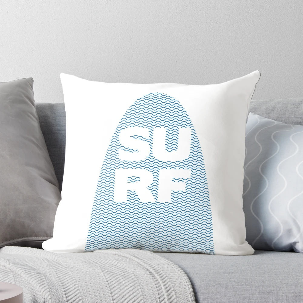 Colorful surf-themed pillow with typographic design, perfect for a child's room