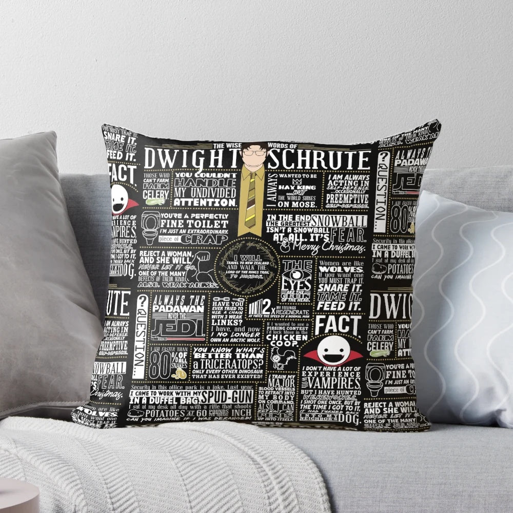 Decorative throw pillow featuring the iconic Dwight Schrute from the hit TV show "The Office".