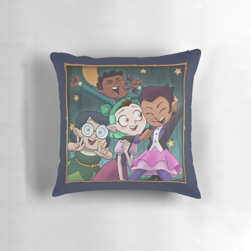 A cozy decorative pillow featuring the characters and logo from the popular anime series, The Owl House.