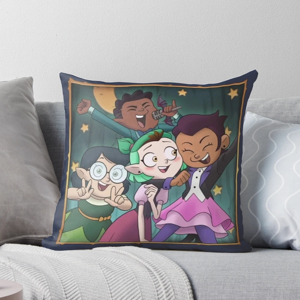 A cozy decorative pillow featuring the characters and logo from the popular anime series, The Owl House.