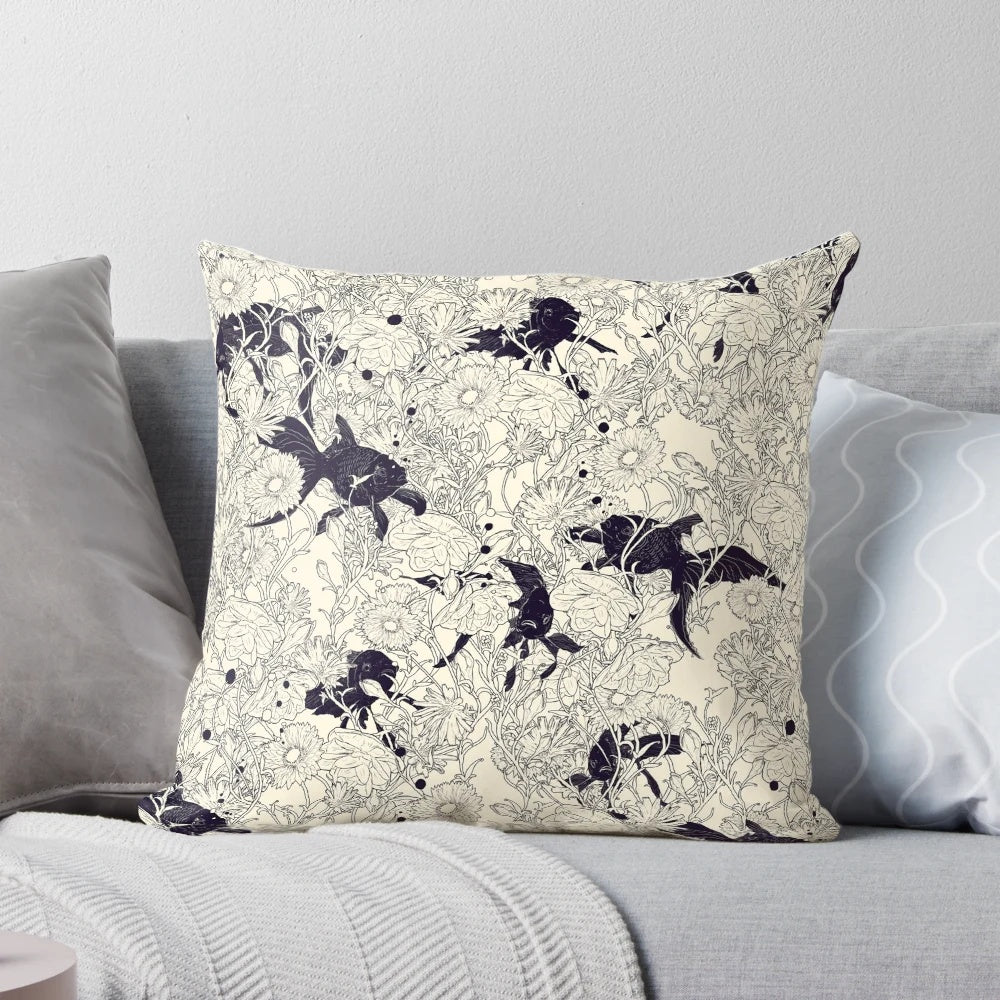Decorative throw pillow featuring a hidden nature-inspired floral pattern in black and white.