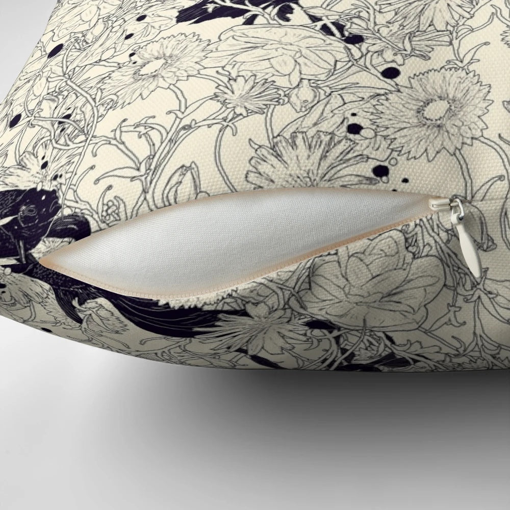 Decorative throw pillow featuring a hidden nature-inspired floral pattern in black and white.