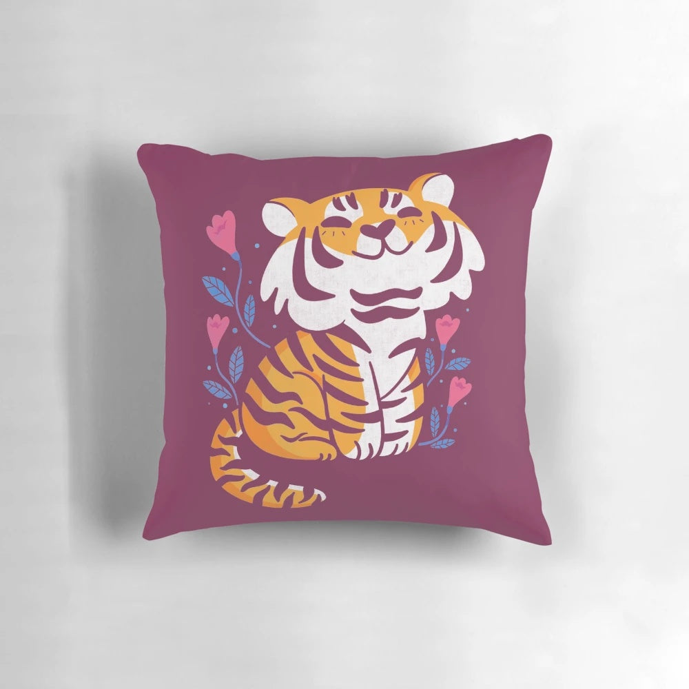 Soft, plush tiger pillow with a beautiful floral design