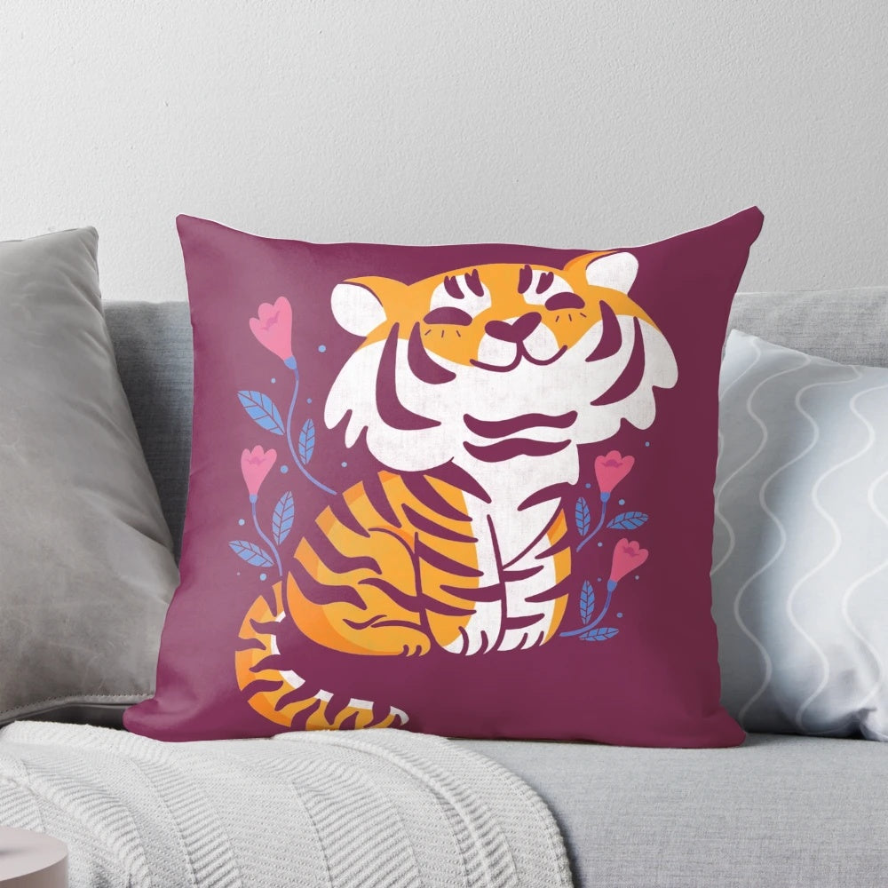 Soft, plush tiger pillow with a beautiful floral design