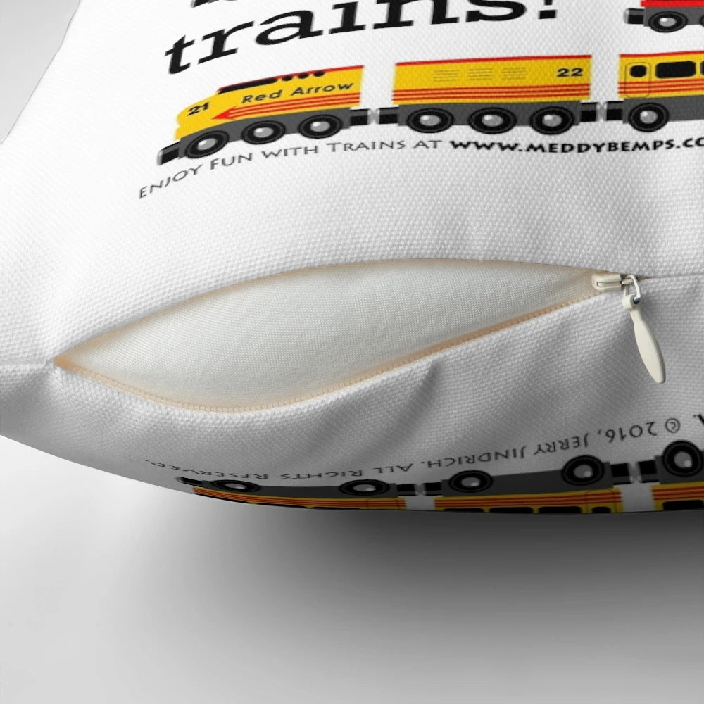 A black pillow with white text that reads "Too Many Trains", featuring a train-themed design.