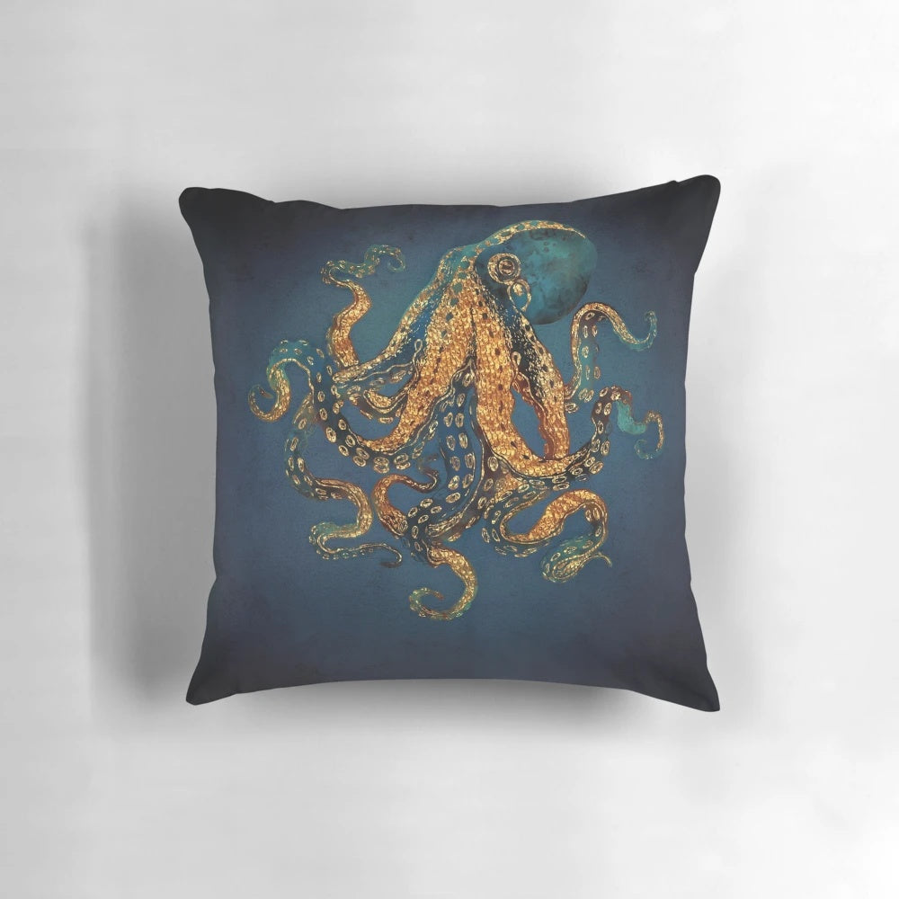 Decorative underwater dream-inspired pillow with abstract blue, gold, and aqua tones