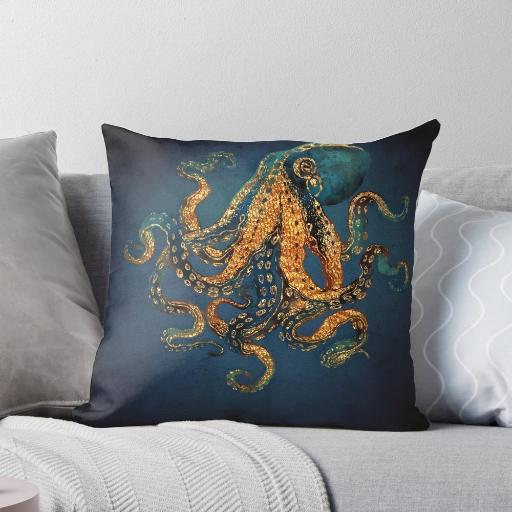 Decorative underwater dream-inspired pillow with abstract blue, gold, and aqua tones