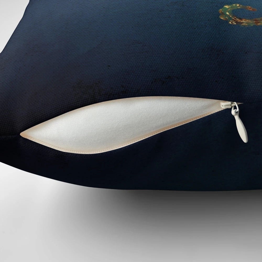 Decorative underwater dream-inspired pillow with abstract blue, gold, and aqua tones