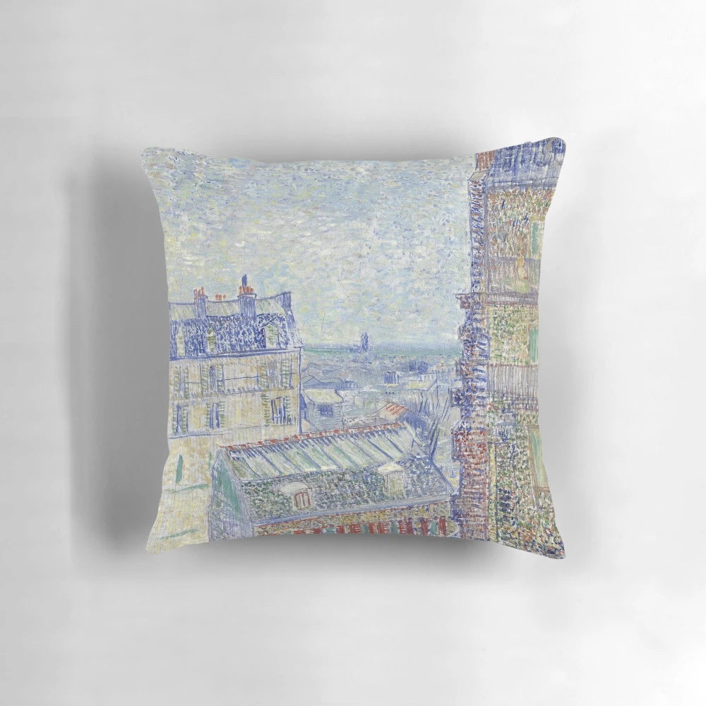 Vibrant throw pillow featuring Van Gogh's iconic "View from Theo's Apartment" cityscape painting of Paris.
