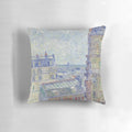 Vibrant throw pillow featuring Van Gogh's iconic "View from Theo's Apartment" cityscape painting of Paris.