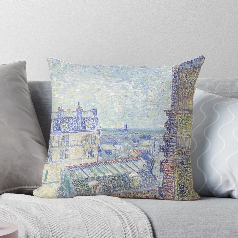Vibrant throw pillow featuring Van Gogh's iconic "View from Theo's Apartment" cityscape painting of Paris.