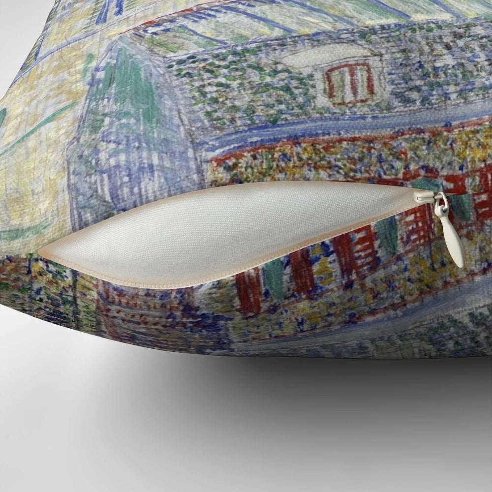 Vibrant throw pillow featuring Van Gogh's iconic "View from Theo's Apartment" cityscape painting of Paris.
