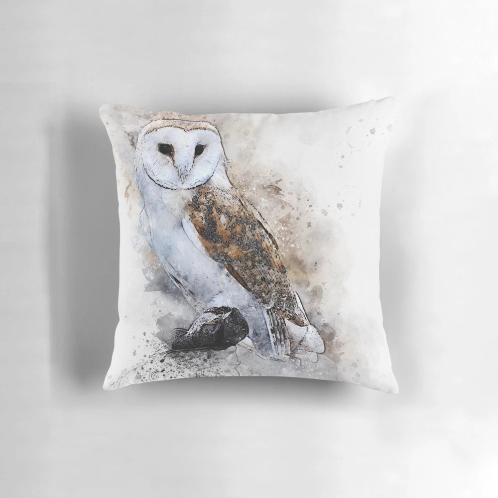 Watercolor painting of a barn owl printed on a decorative throw pillow