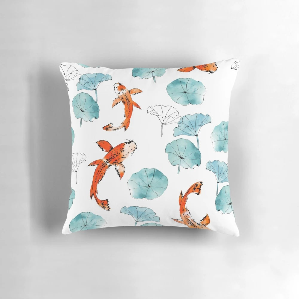 Vibrant watercolor-style image of a waterlily and koi fish on a decorative pillow