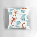 Vibrant watercolor-style image of a waterlily and koi fish on a decorative pillow